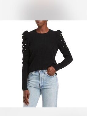 C by Bloomingdale’s Black Cashmere Sweater Pearl Puff Sleeve Crewneck Size S